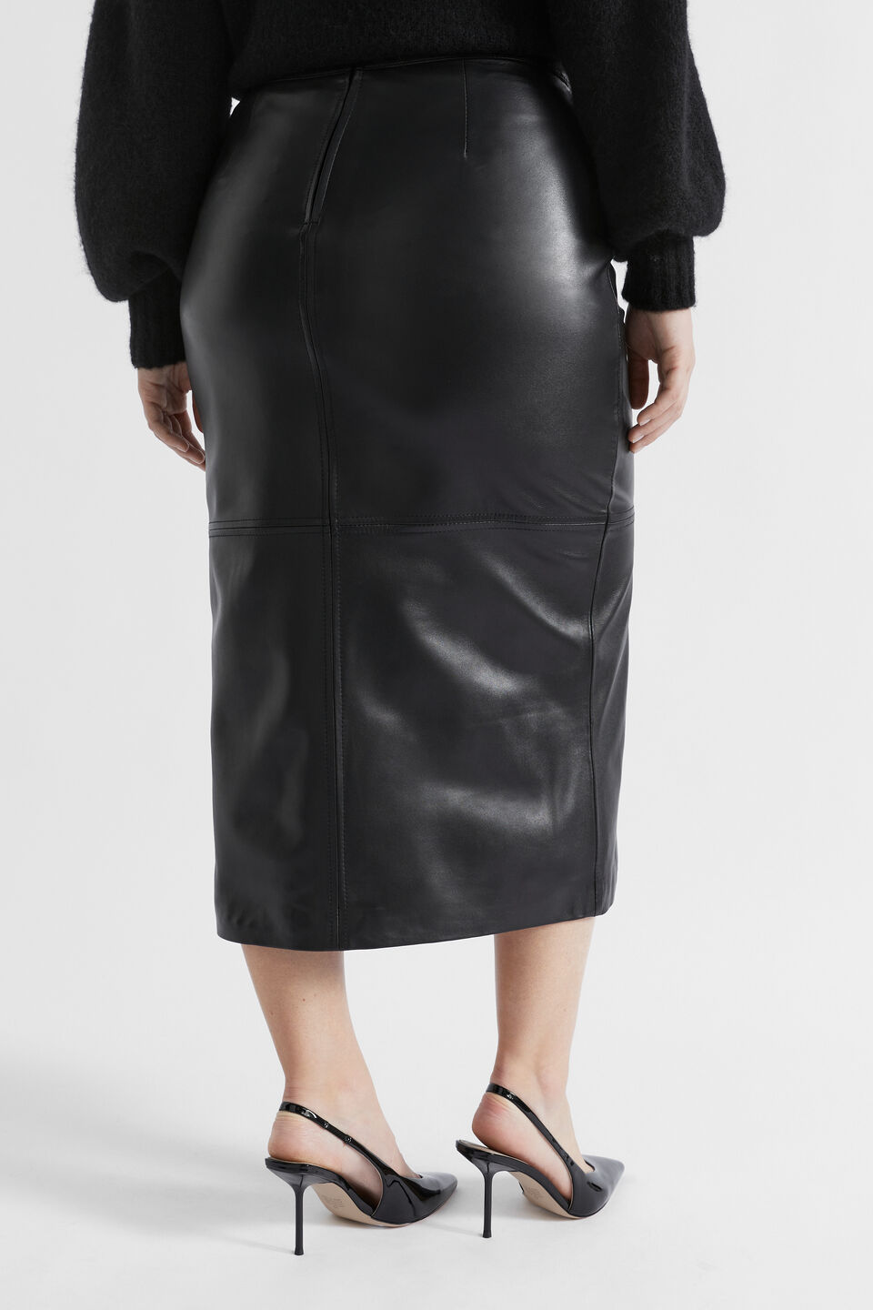 Leather Midi Pencil Skirt  Black