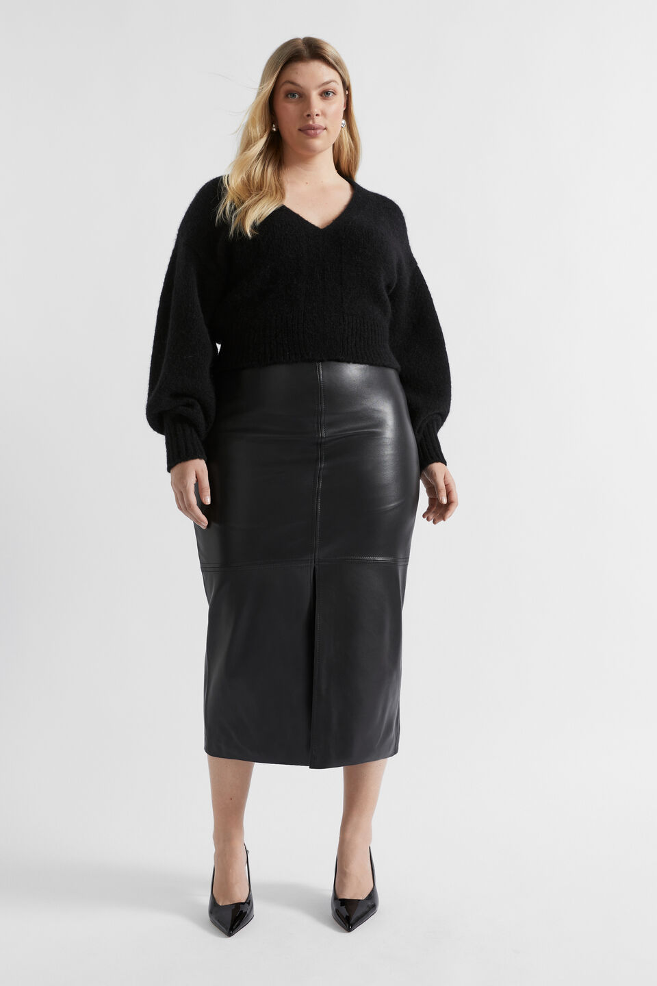 Leather Midi Pencil Skirt  Black