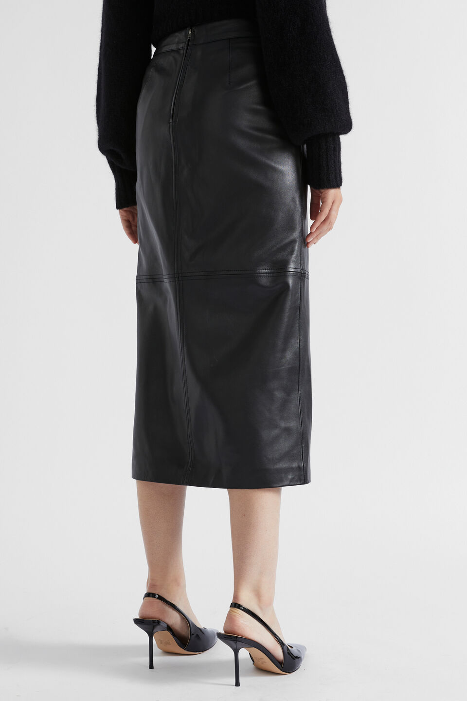Leather Midi Pencil Skirt  Black