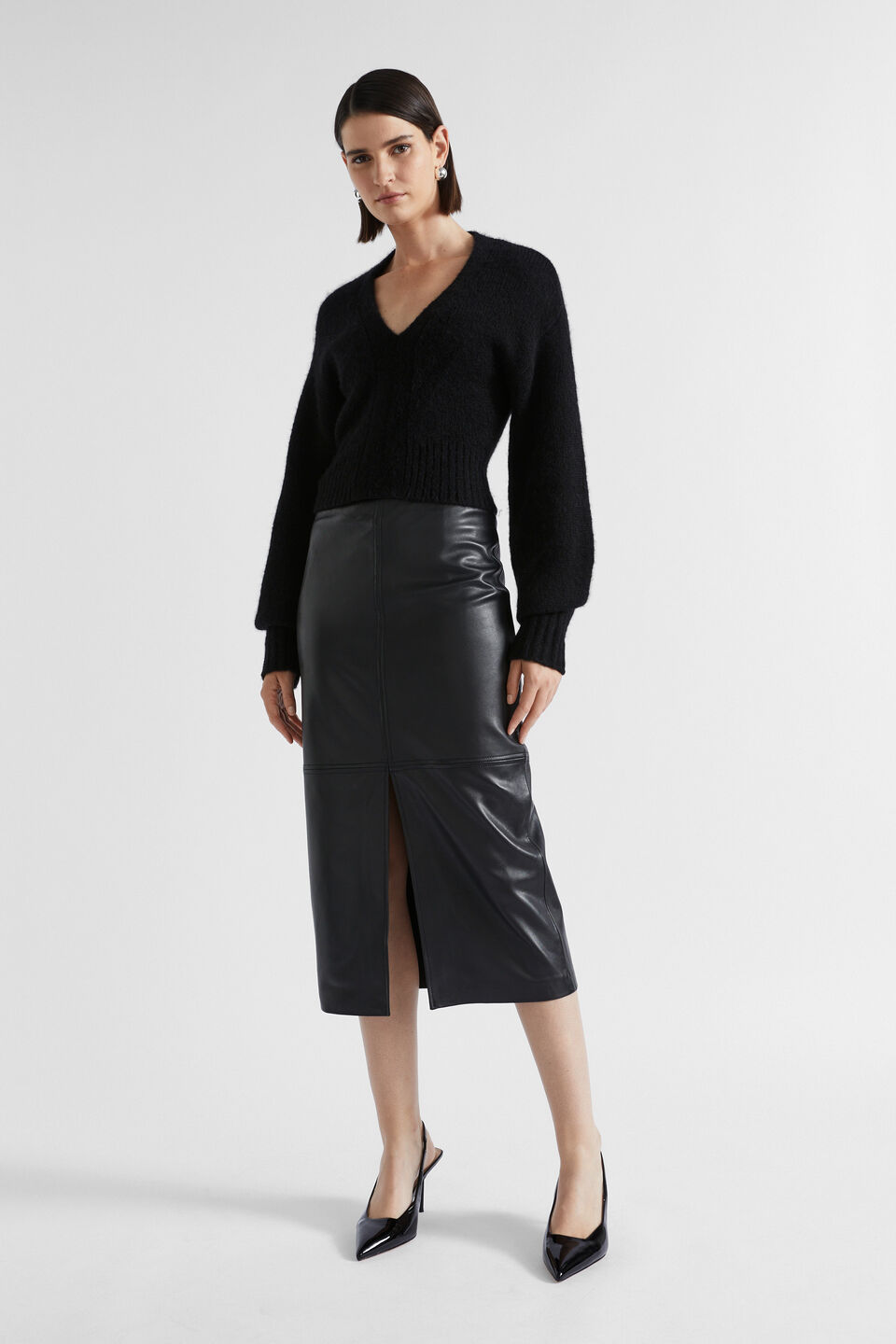 Leather Midi Pencil Skirt  Black