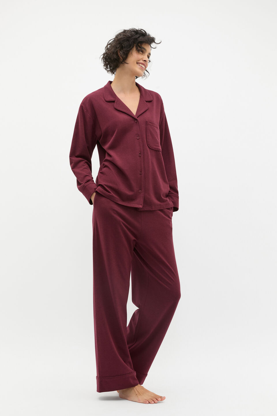 Jersey Button Through Top and Pant Set  Plum Red Marle