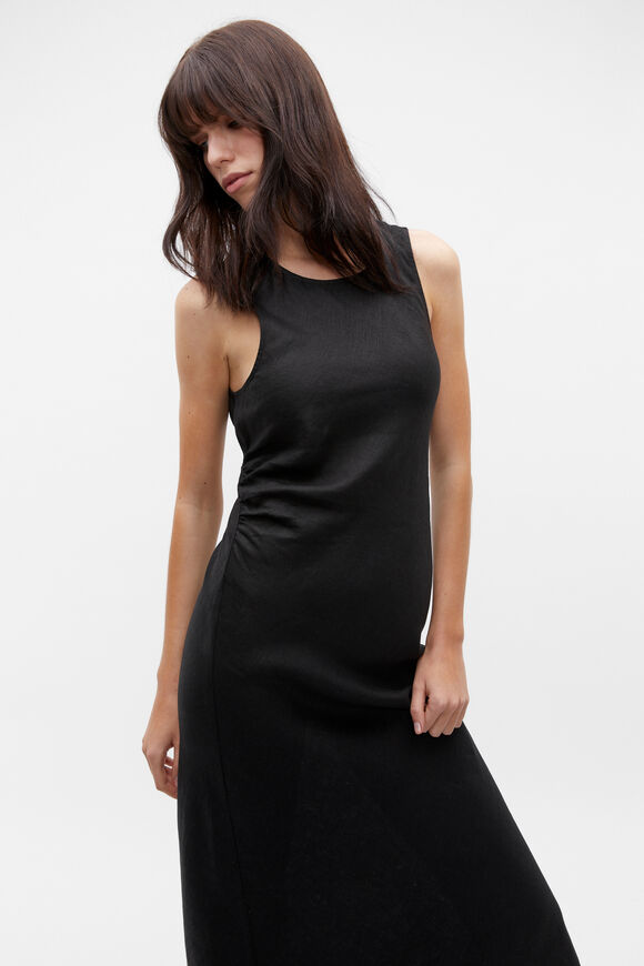 Linen Ruched Side Maxi Dress  Black  hi-res
