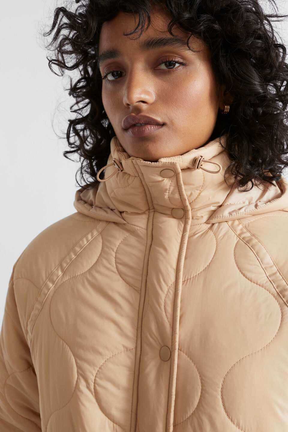 Longline Quilted Puffer Jacket  Champagne Beige