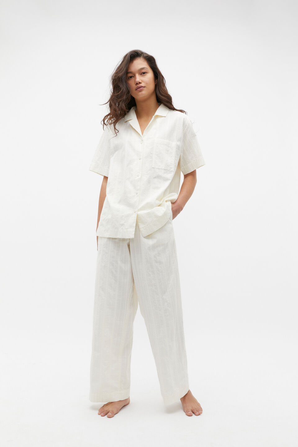 Embroidered Shirt and Pant PJ Set  Alabaster