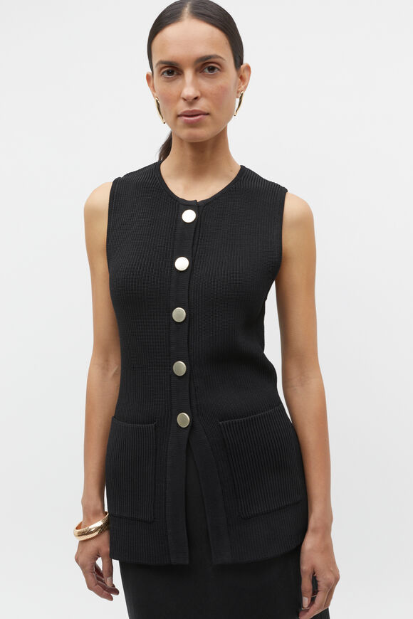 Crepe Rib Button Down Vest  Black  hi-res