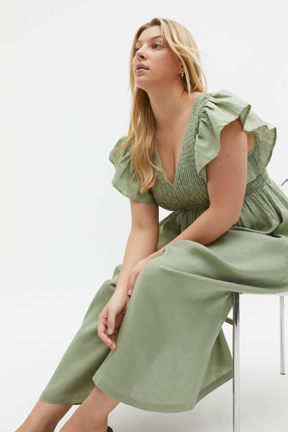 Linen Shirred Flutter Sleeve Midi Dress  Pale Olive  hi-res