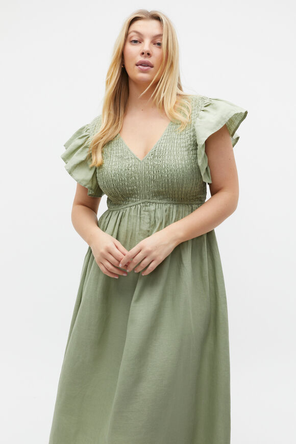 Linen Shirred Flutter Sleeve Midi Dress  Pale Olive  hi-res