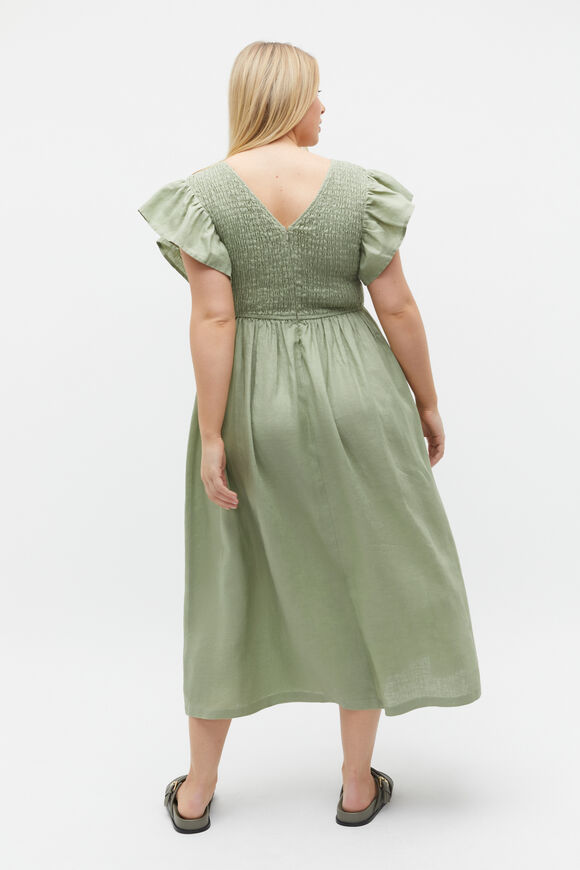 Linen Shirred Flutter Sleeve Midi Dress  Pale Olive  hi-res