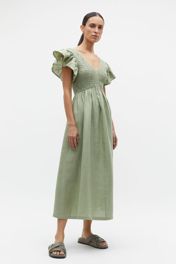 Linen Shirred Flutter Sleeve Midi Dress  Pale Olive  hi-res