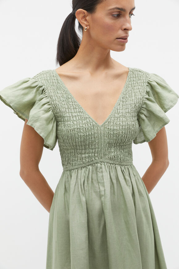 Linen Shirred Flutter Sleeve Midi Dress  Pale Olive  hi-res