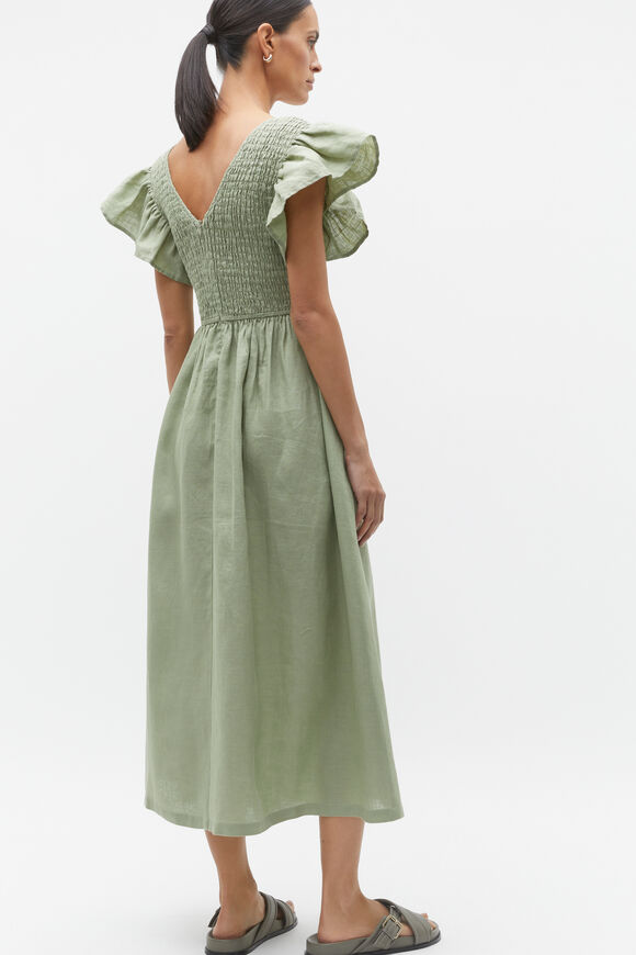Linen Shirred Flutter Sleeve Midi Dress  Pale Olive  hi-res