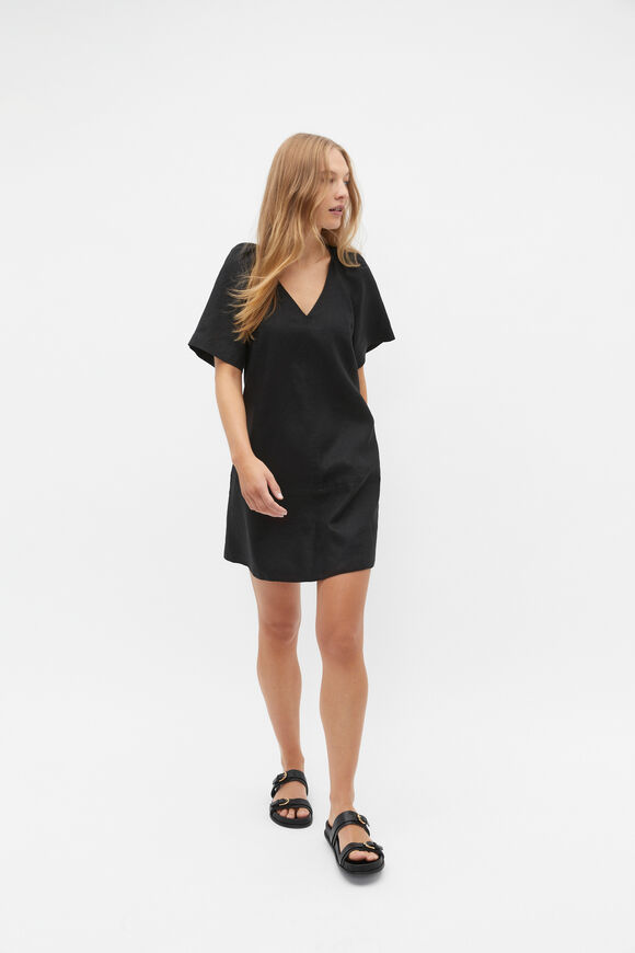 Linen V Neck Flutter Sleeve Mini Dress  Black  hi-res