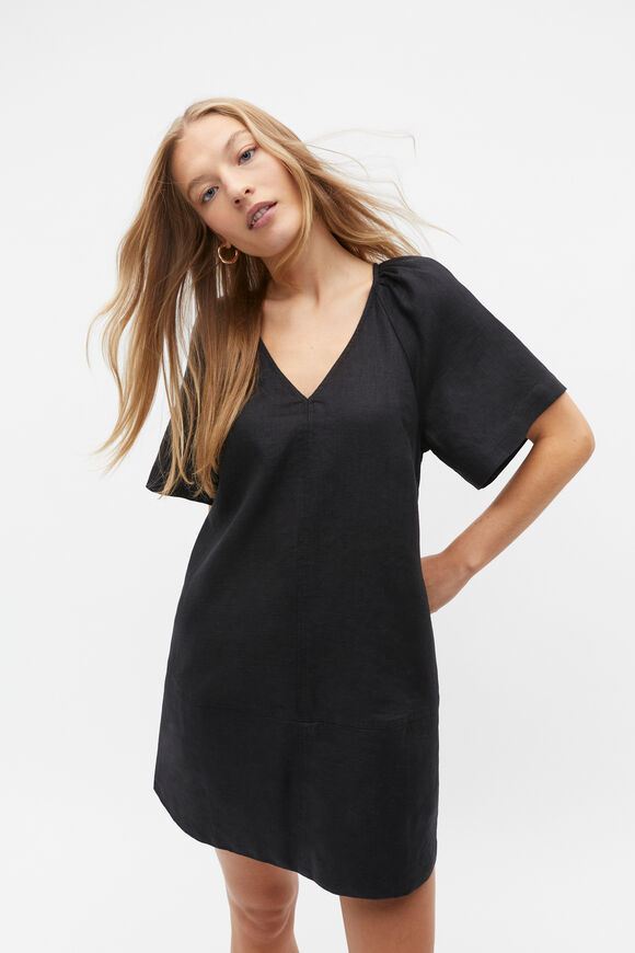 Linen V Neck Flutter Sleeve Mini Dress  Black  hi-res