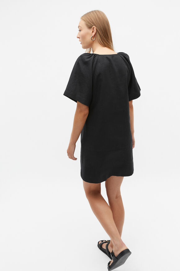 Linen V Neck Flutter Sleeve Mini Dress  Black  hi-res