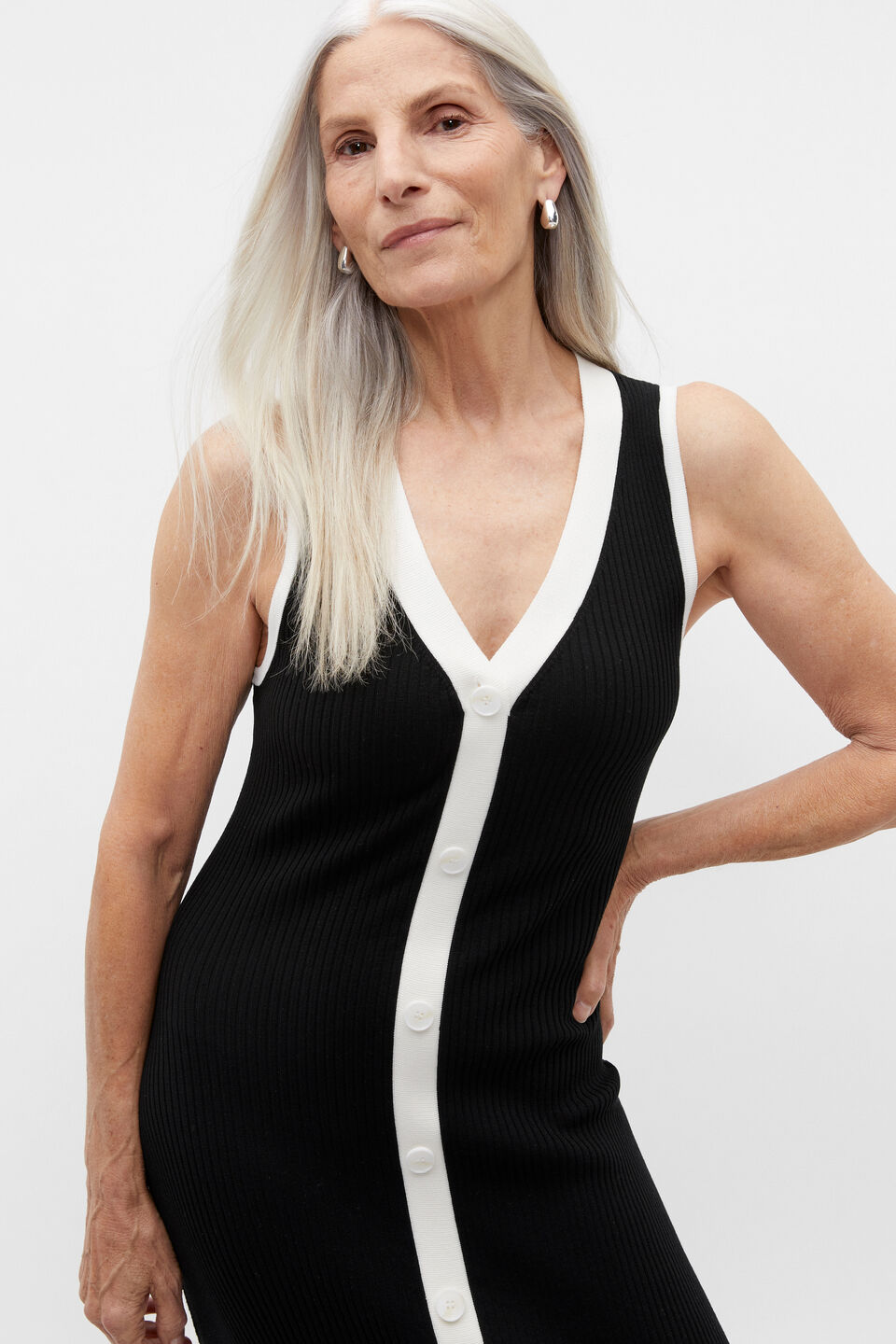 Contrast Knit Button Midi Dress  Black