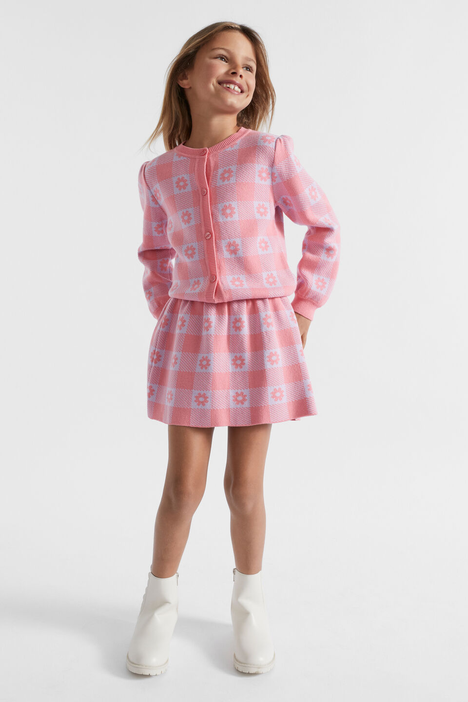 Check Knit Cardigan  Peach