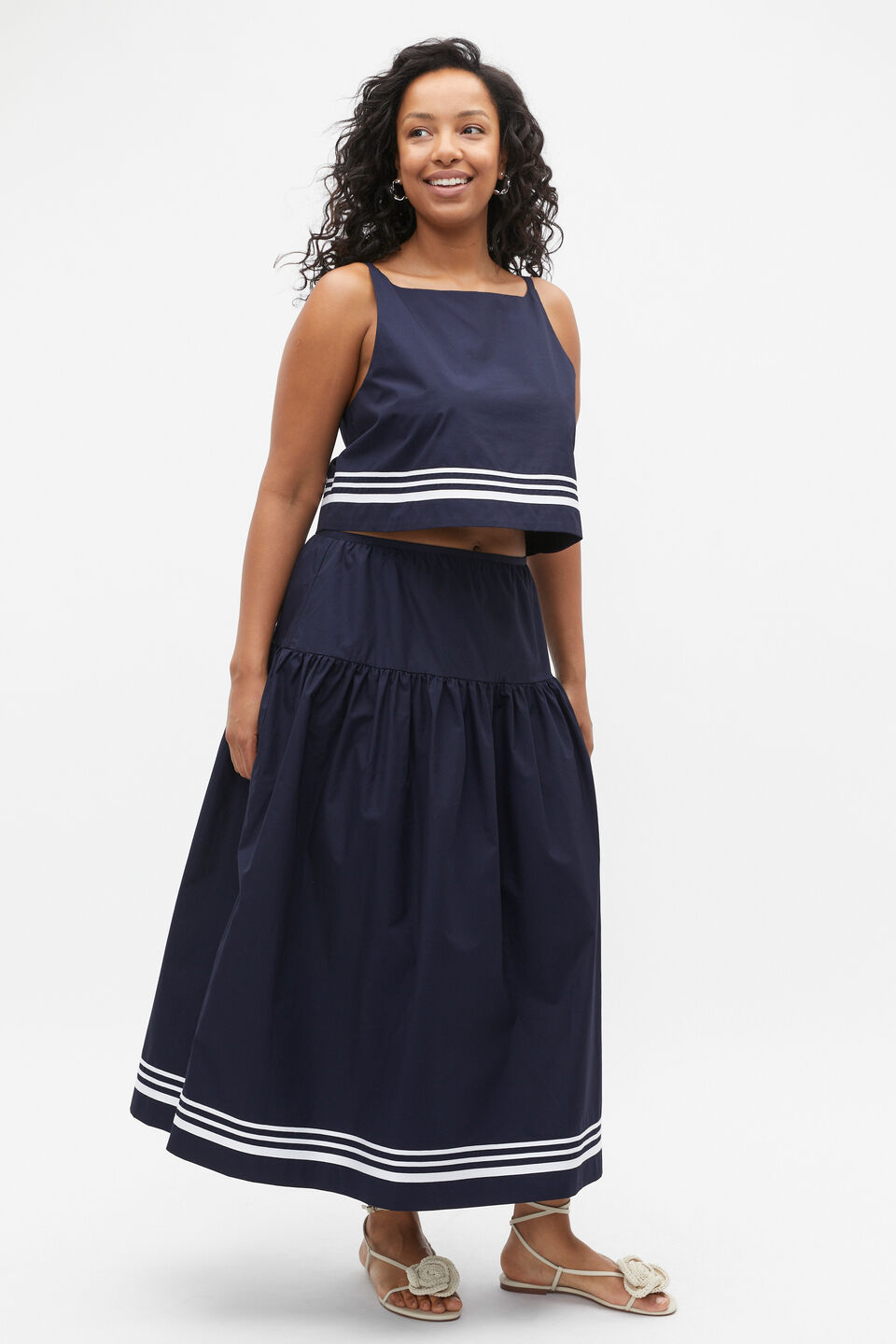 Poplin Stripe Trim Skirt  Midnight Sky