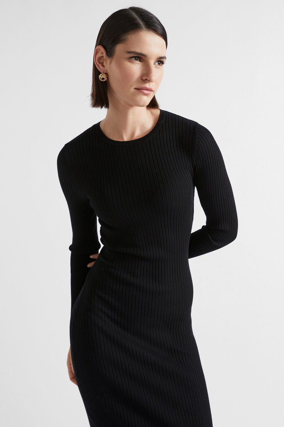 Rib Knit Crew Neck Dress  Black