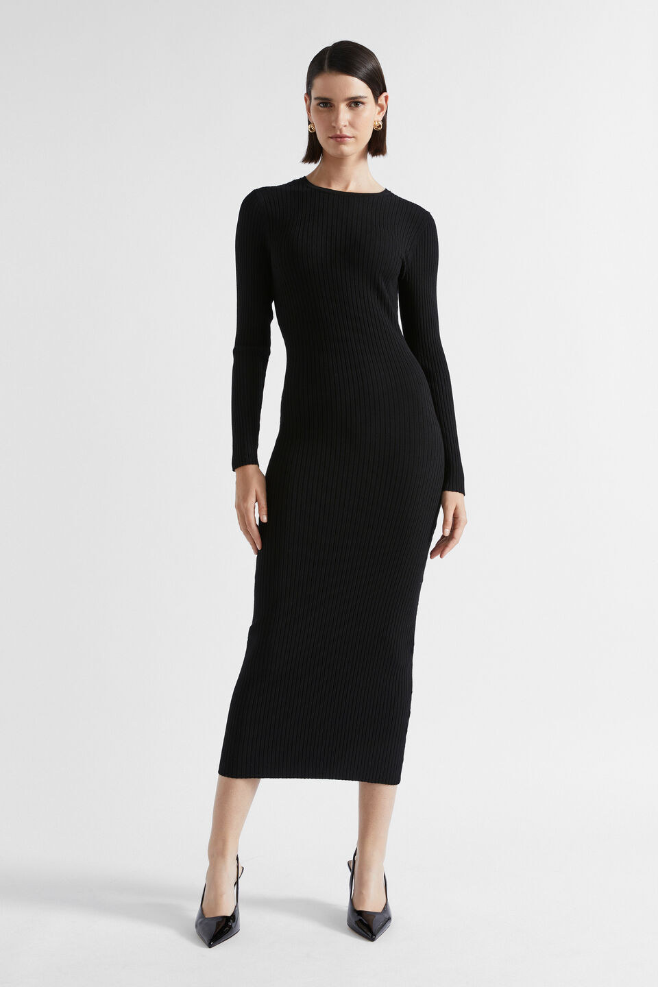 Rib Knit Crew Neck Dress  Black