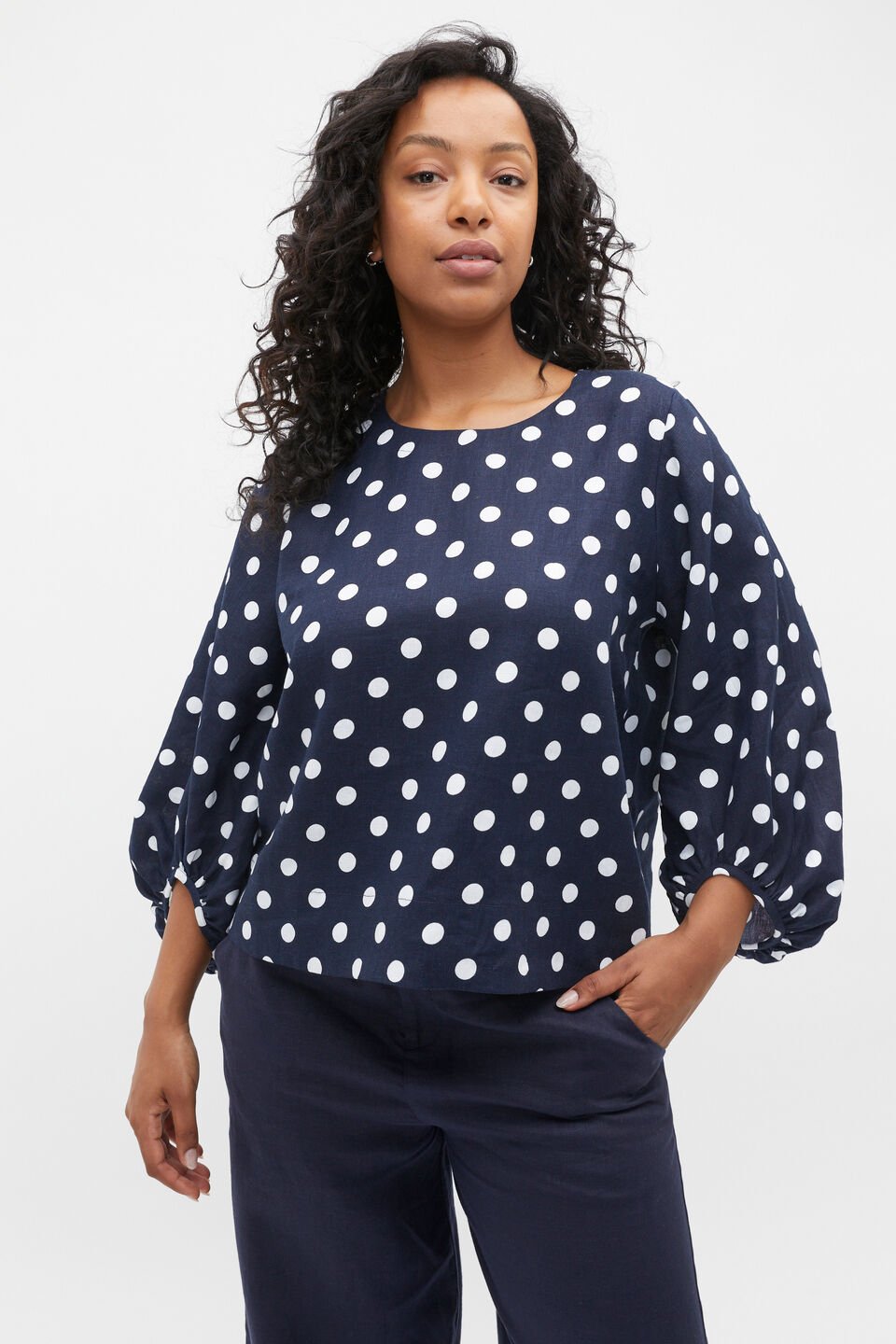 Core Linen Balloon Sleeve Top  Midnight Sky Spot