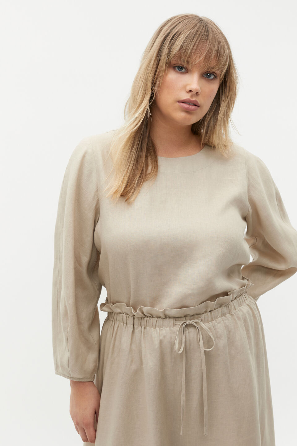 Linen Balloon Sleeve Top  Cool Sand