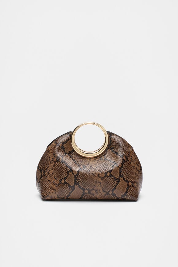 Leather Ring Detail Clutch  Toffee Snake Print  hi-res