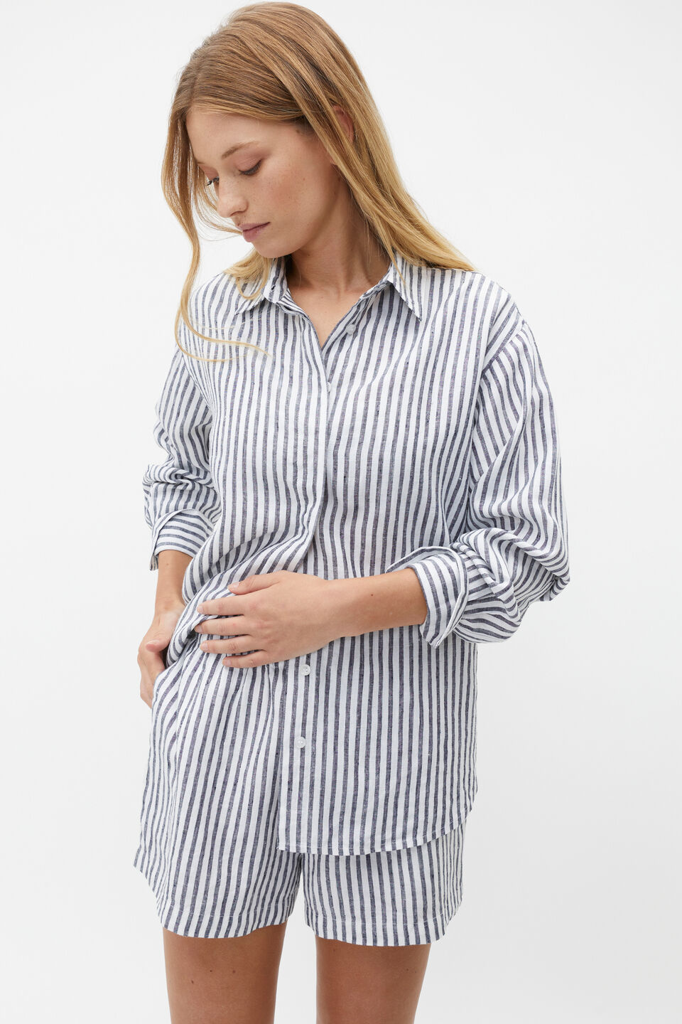 Core Linen Boyfriend Shirt  Midnight Sky Stripe