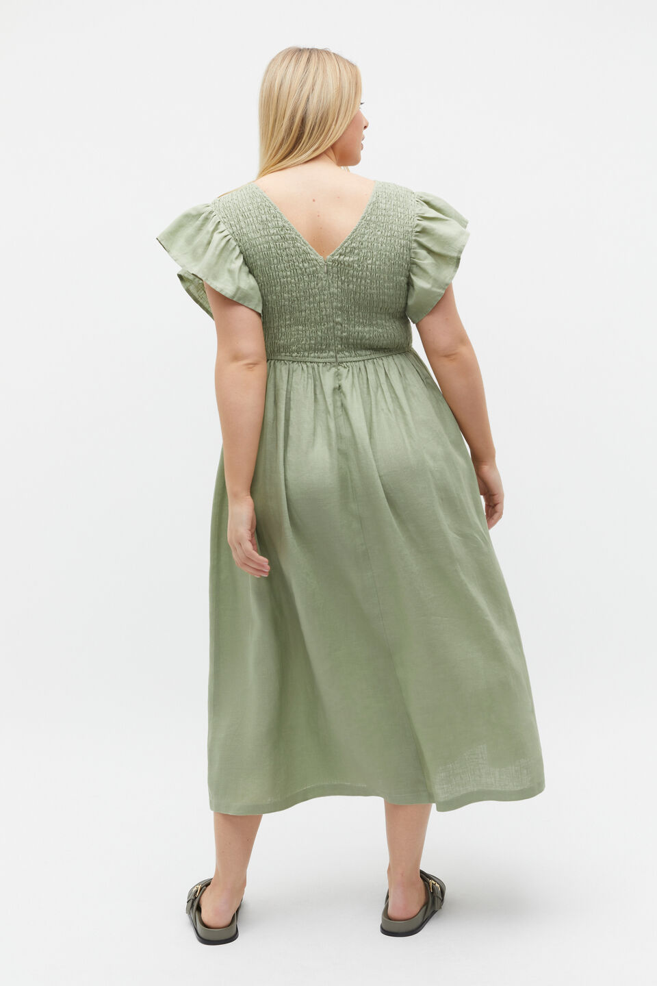 Linen Shirred Flutter Sleeve Midi Dress  Pale Olive