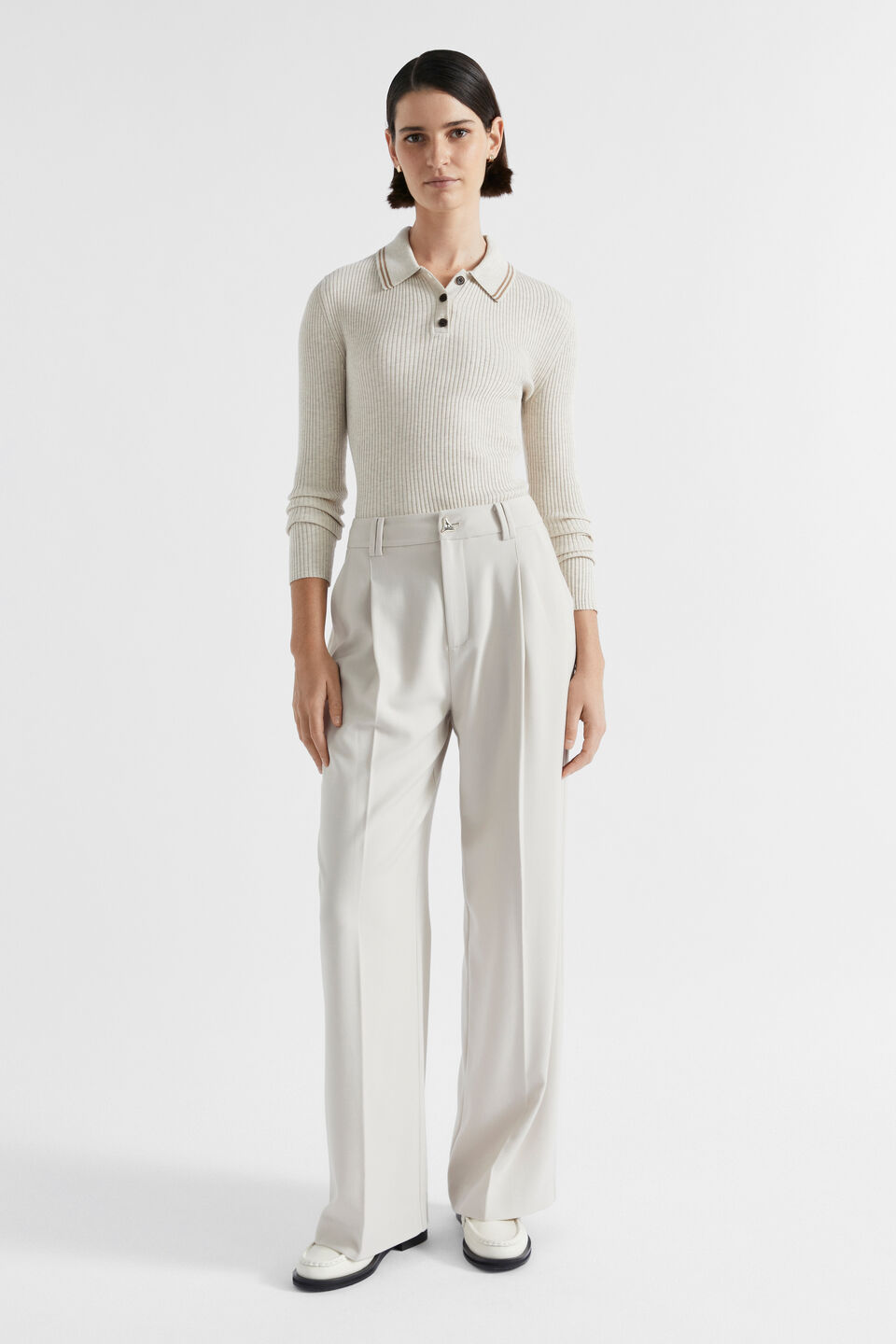 Button Front Pleat Trouser  Oat