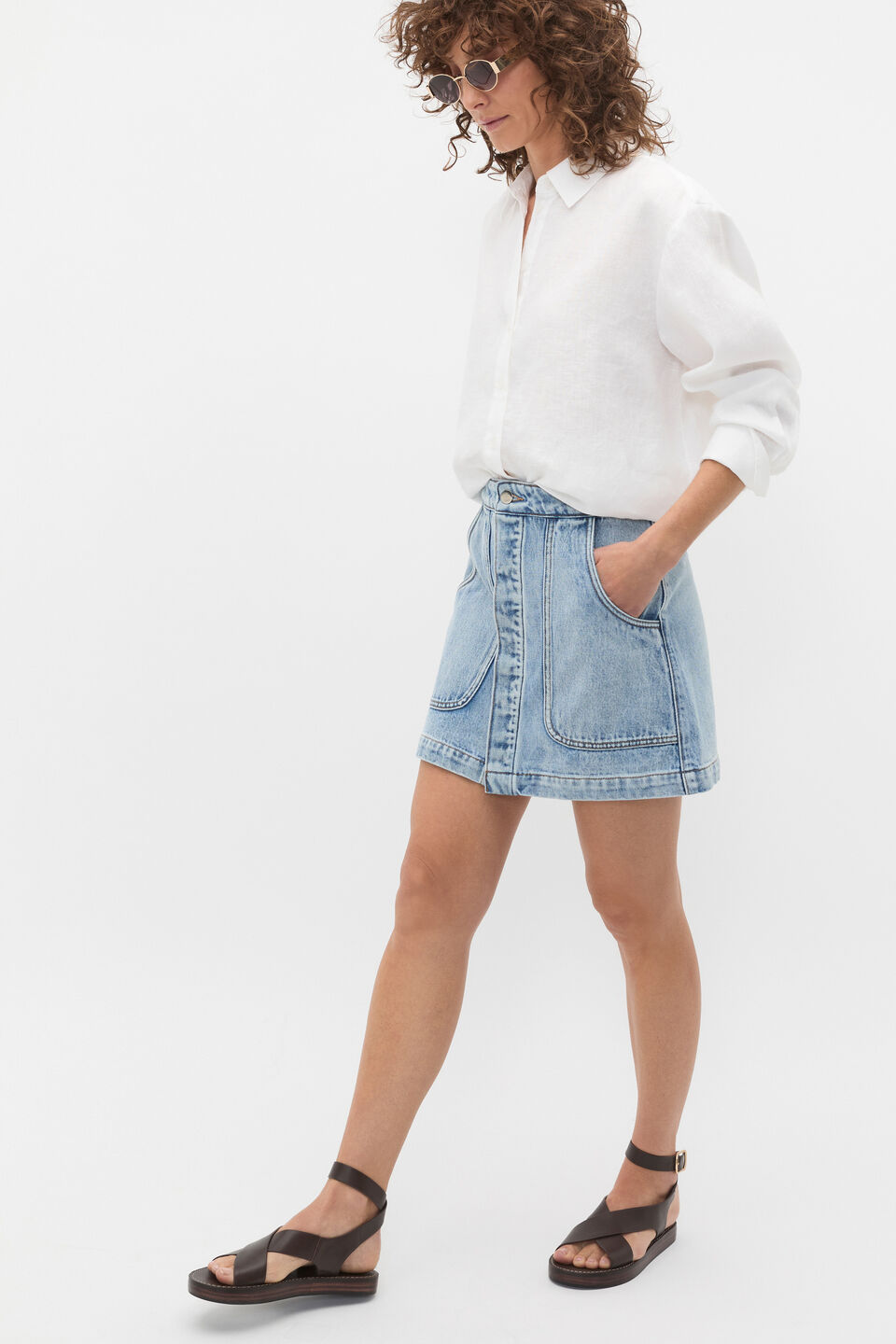 Denim Curve Pocket Mini Skirt  Blue Wash