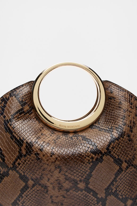 Leather Ring Detail Clutch  Toffee Snake Print  hi-res