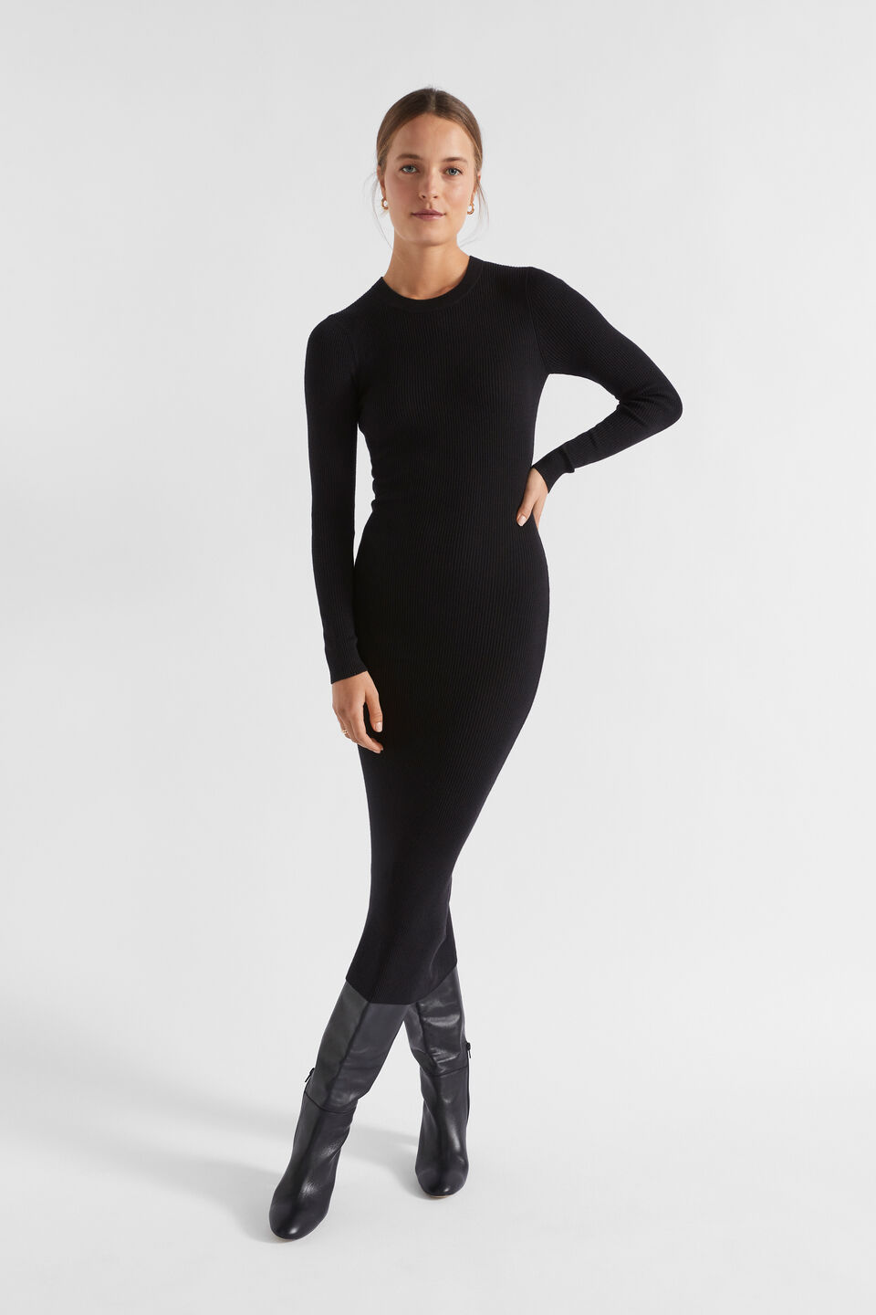 Basic Rib Knit Midi Dress  Black