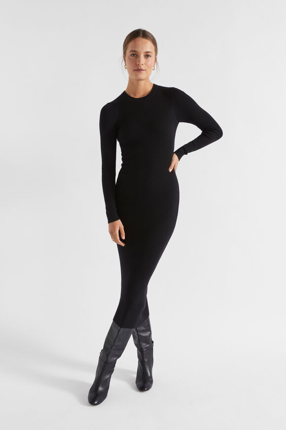 Basic Rib Knit Midi Dress  Black  hi-res