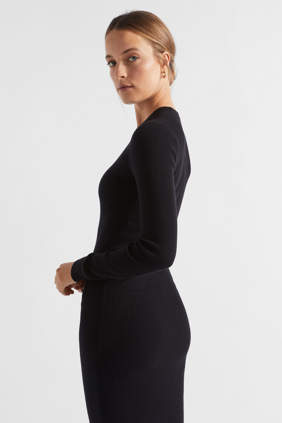 Basic Rib Knit Midi Dress  Black