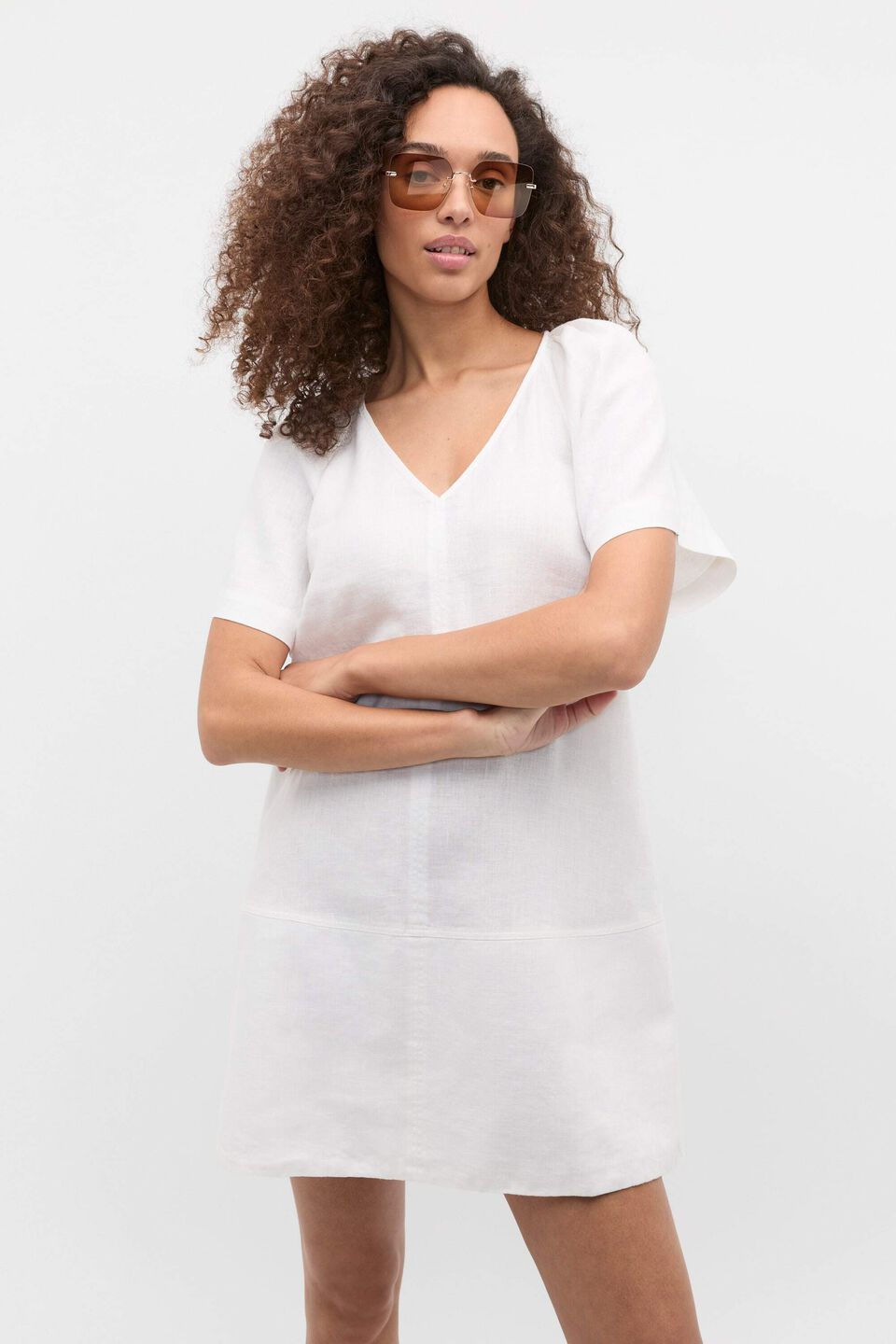 Linen V Neck Flutter Sleeve Mini Dress  Whisper White