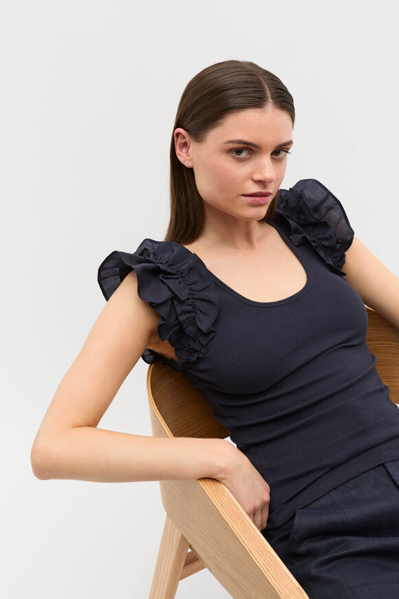 Ruffle Sleeve Rib Tank  Twilight Blue  hi-res