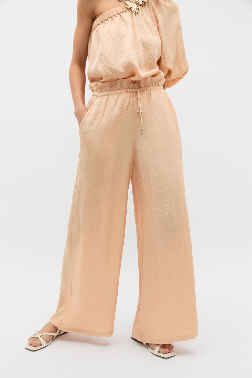 Textured Satin Paperbag Pant  Apricot