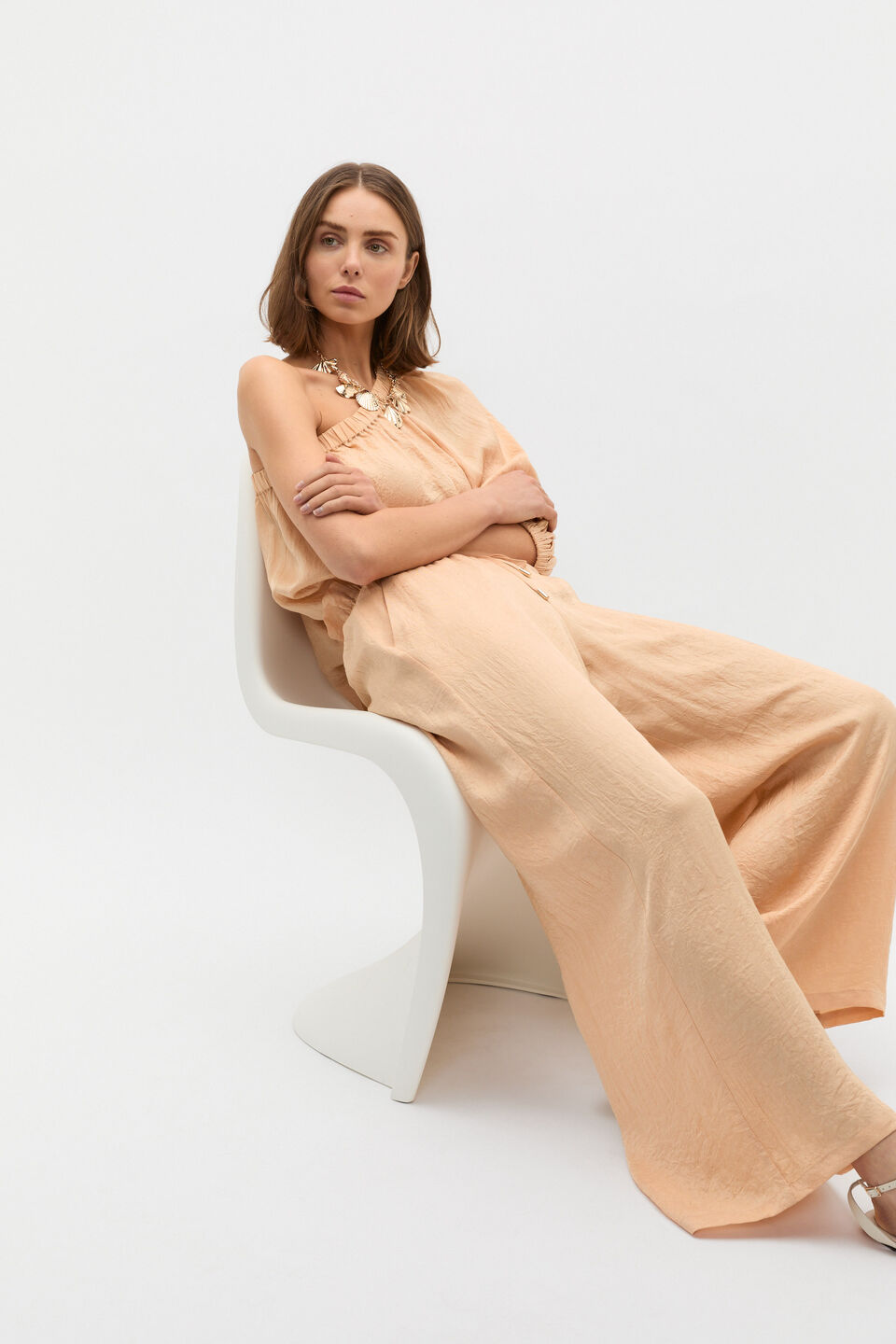 Textured Satin Paperbag Pant  Apricot
