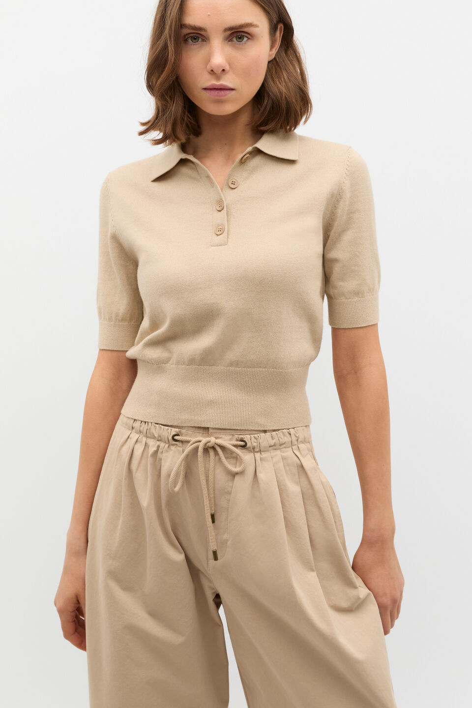 Knit Polo Top  Iced Latte