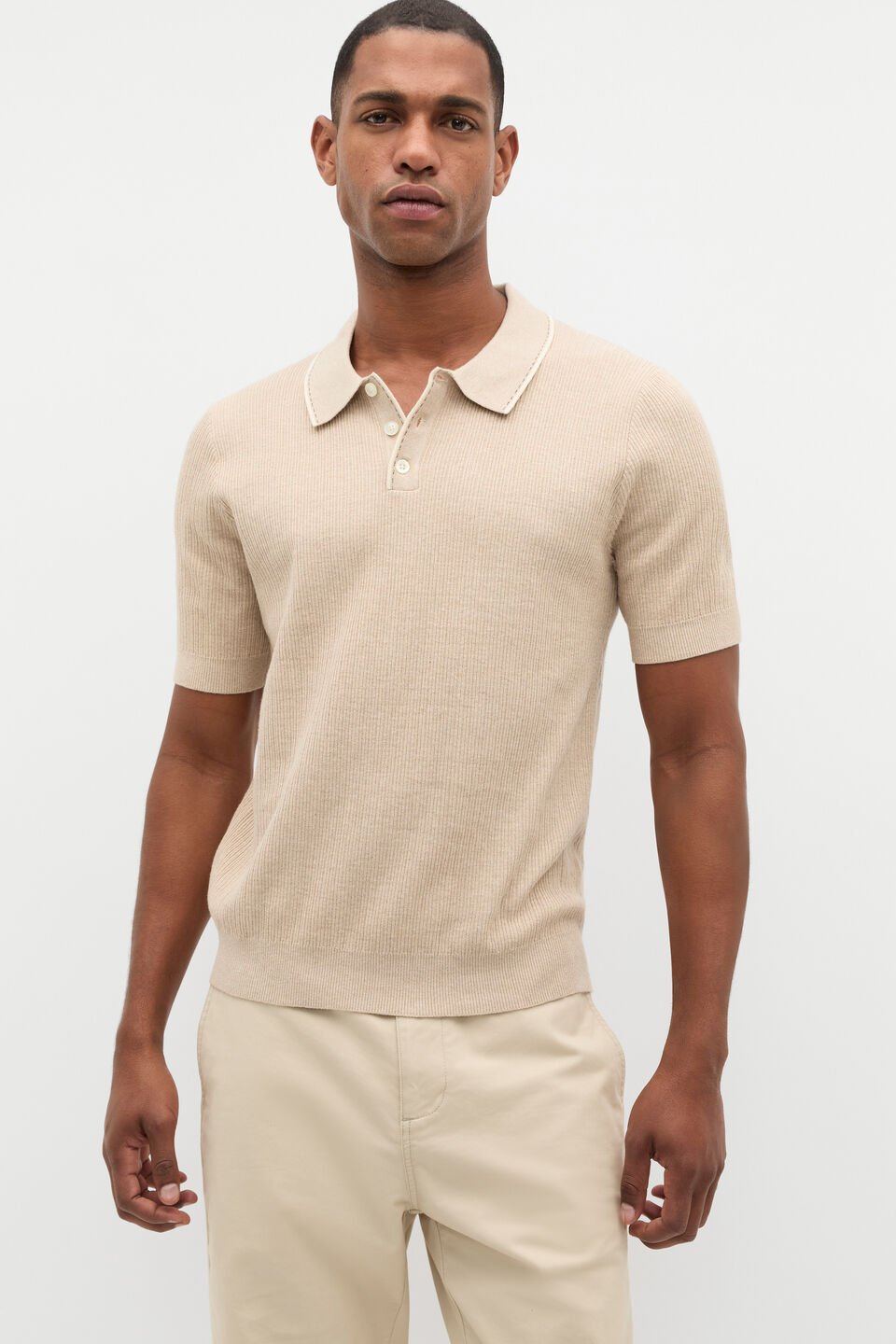Ribbed Knit Polo  Almond