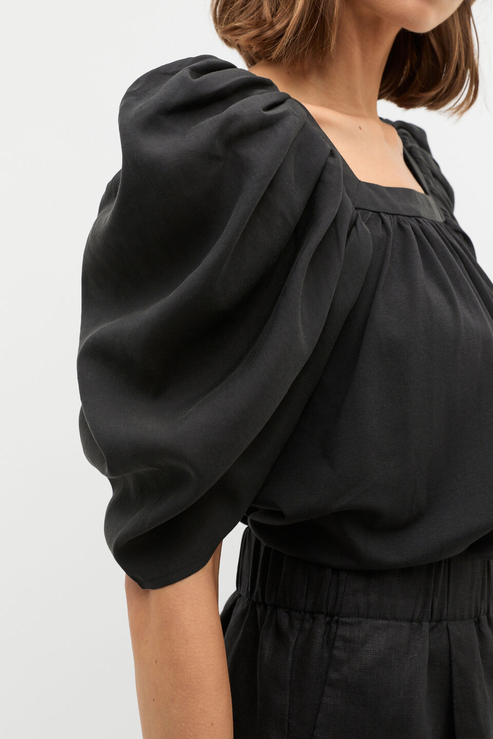 Square Neck Gathered Sleeve Top  Black