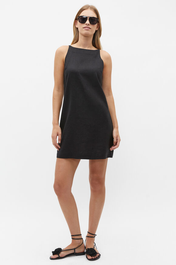 Linen Boat Neck Mini Dress  Black  hi-res