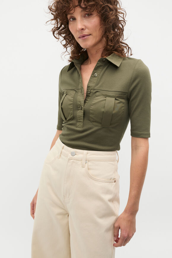 Contrast Placket Polo Top  Olive Leaf Contrast Placket Polo Top  Olive Leaf  hi-res