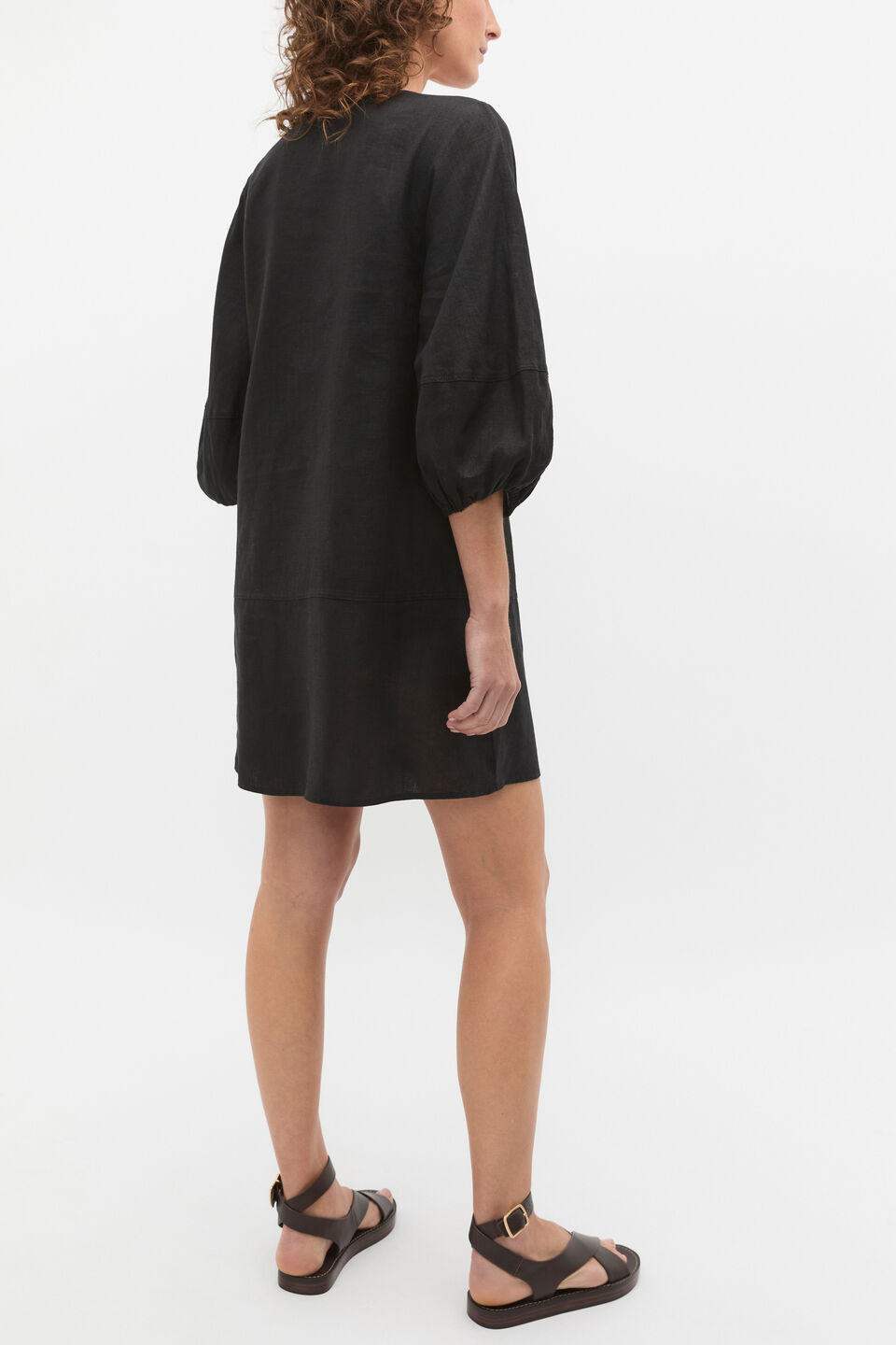 Linen V Neck Seam Detail Mini Dress  Black
