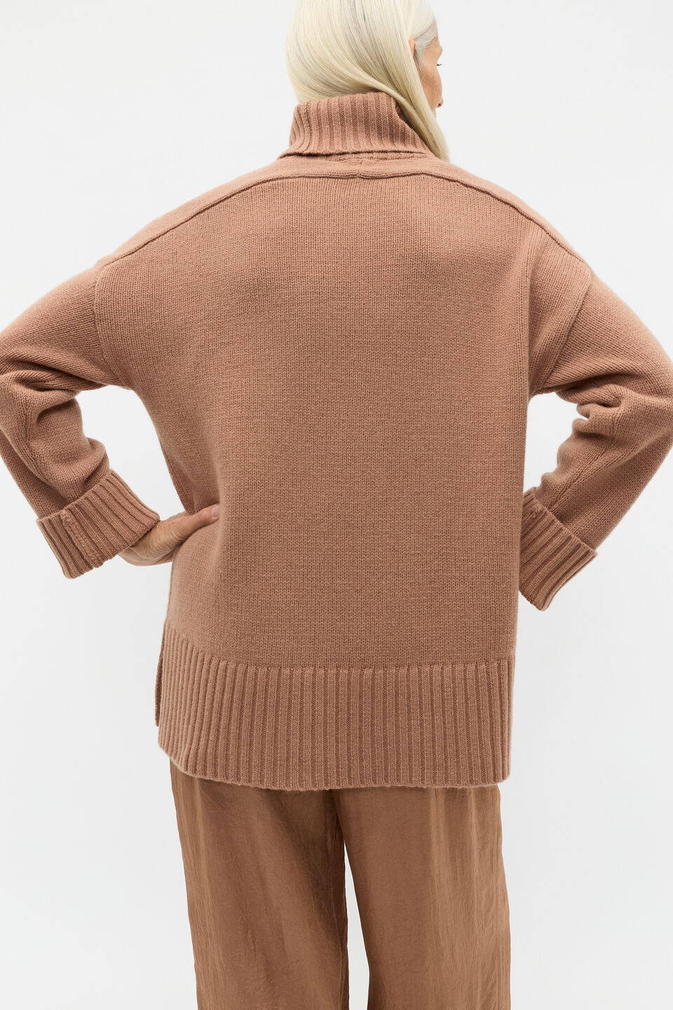 Merino Wool Roll Neck Side Split Knit  Amaretto