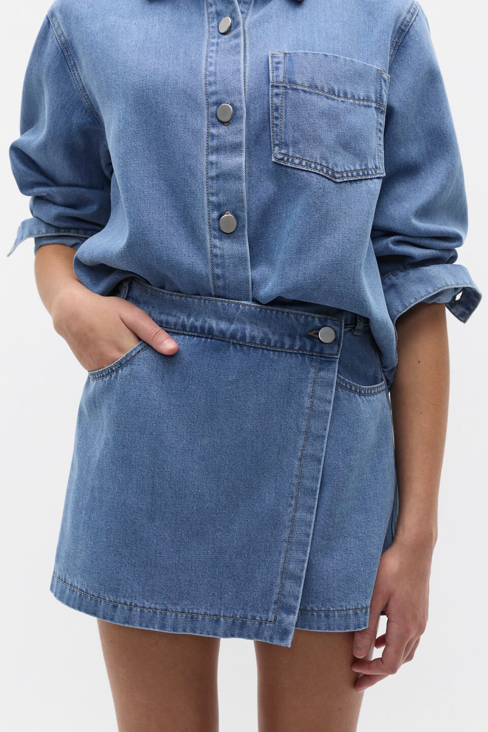 Denim Wrap Skort  Mid Wash