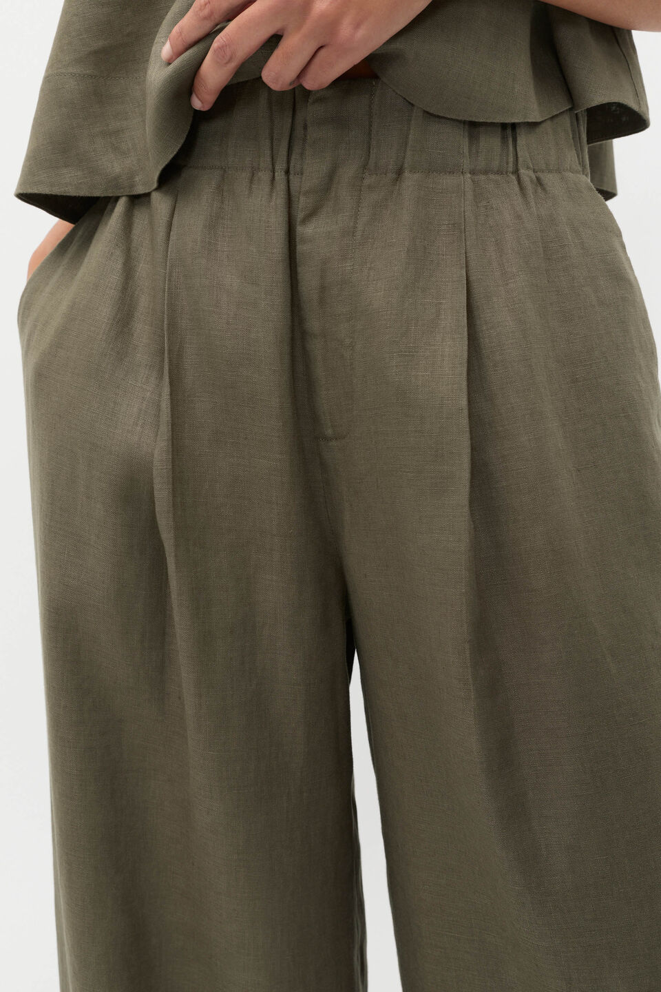 Linen Gathered Palazzo Pant  Olive Leaf