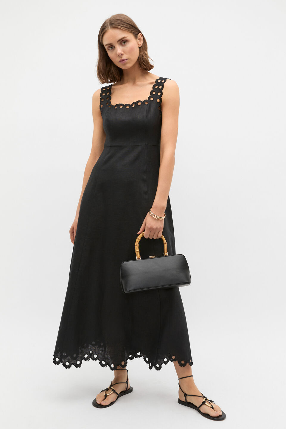Linen Embroidered Midi Dress  Black