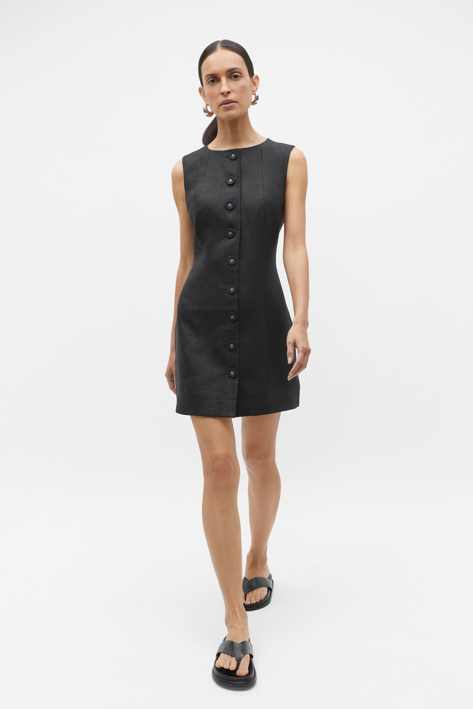 Linen Button Through Mini Dress  Black