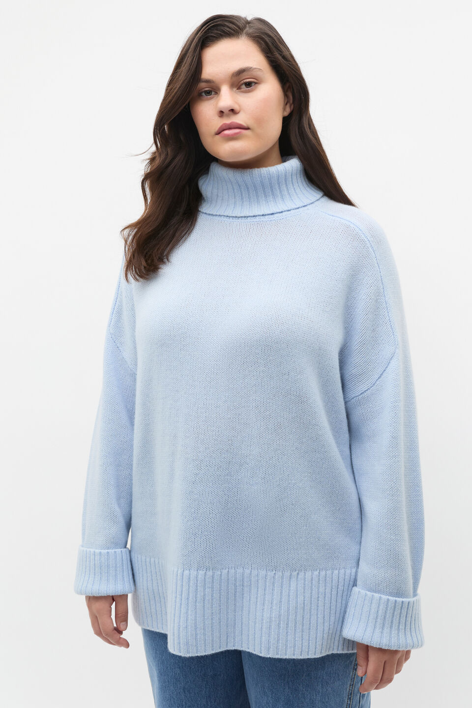 Merino Wool Roll Neck Side Split Knit  Ice Blue